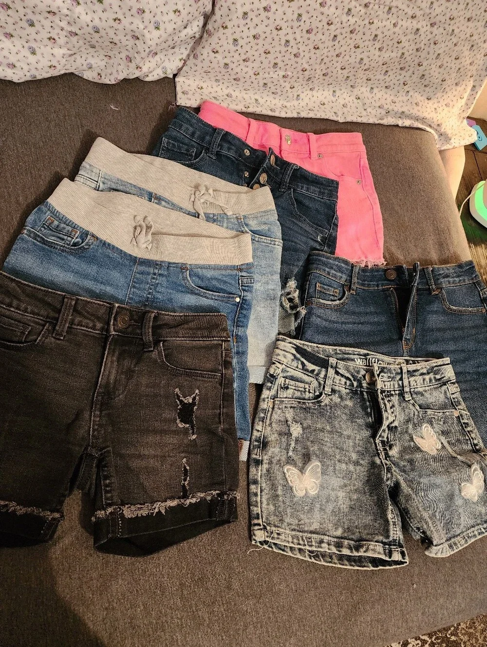 Girls Denim Jean Shorts - 6 Pairs 1 Skirt Sz 7 / 8